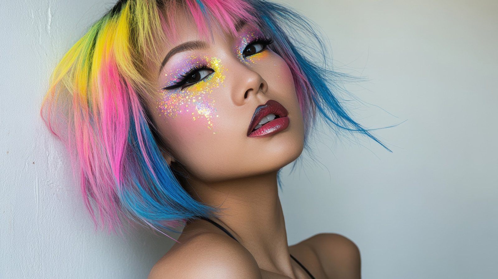 Woman with colorful makeup and hair